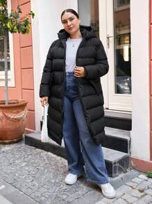 EURMUSE Plus Zip Up Hooded Longline Puffer Coat, For Winter - Black - View 4