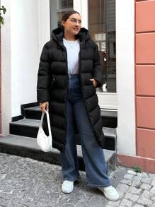 EURMUSE Plus Zip Up Hooded Longline Puffer Coat, For Winter - Black - View 5