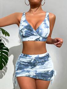 Swim EVENT Marble Print Bikini Set For Summer With Beach Skirt - Grey - View 1