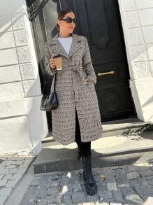 SHEIN Cottnline Plus Lapel Collar Belted Overcoat - Beige - View 1