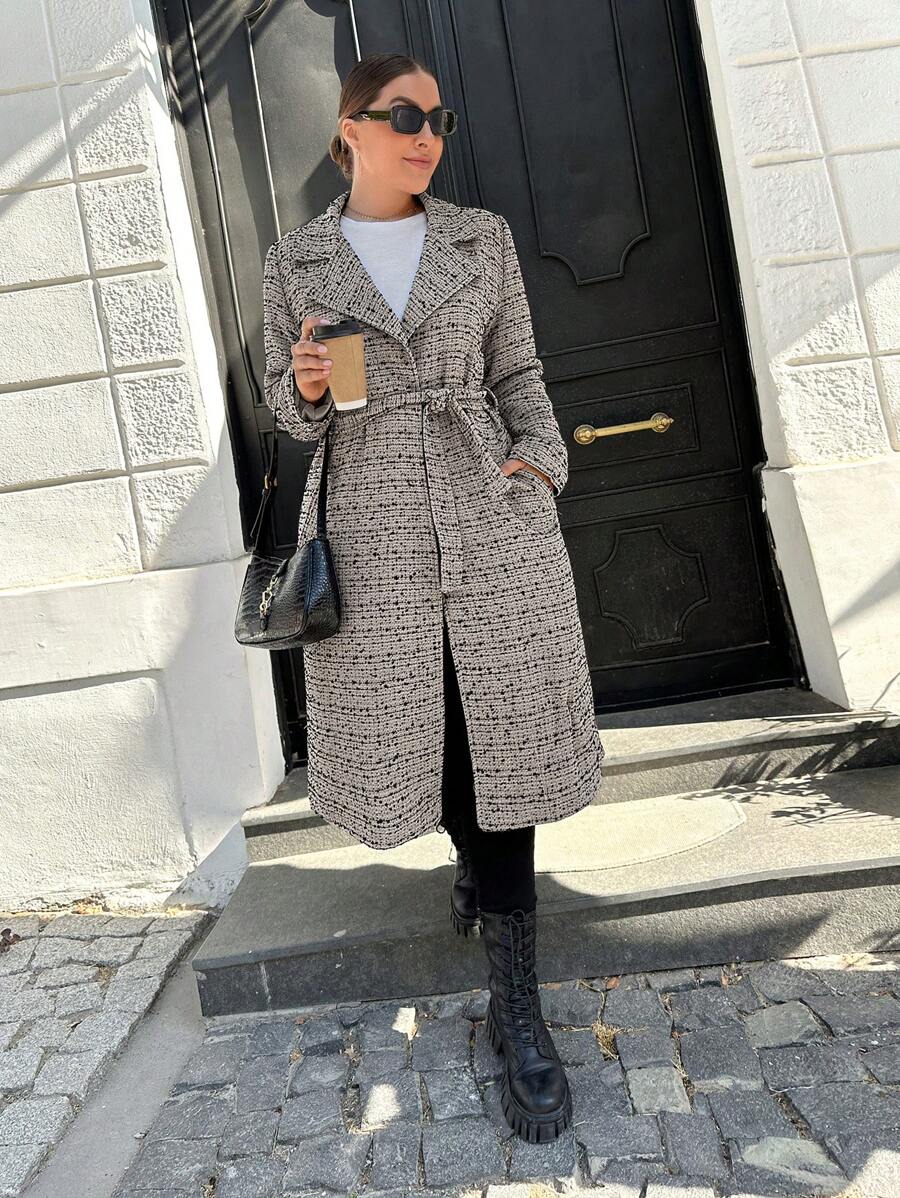 SHEIN Cottnline Plus Lapel Collar Belted Overcoat - Beige - View 1