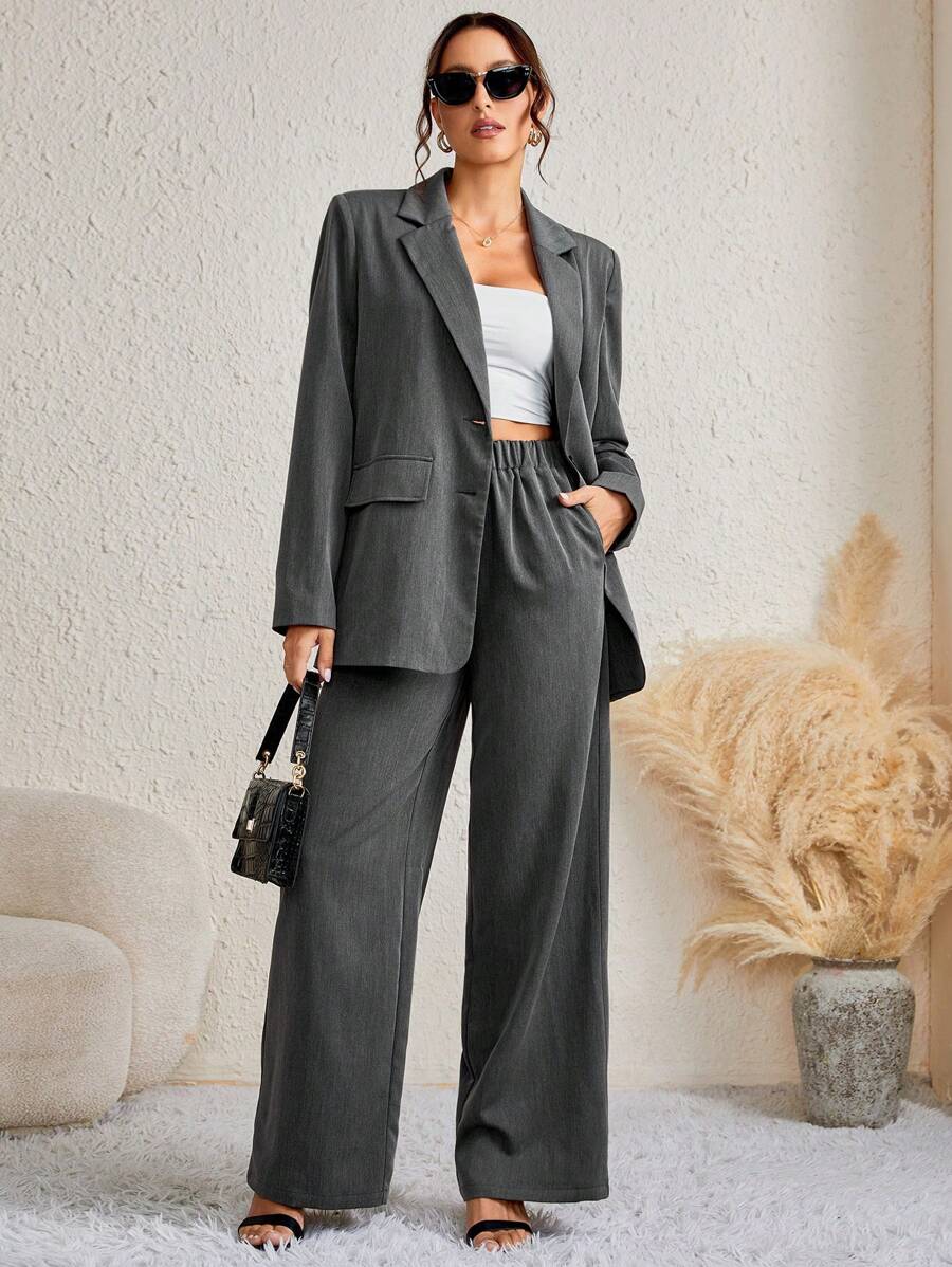 SHEIN Tall 西裝領翻蓋細節西裝外套&闊腿褲 - 灰色 - 查看 1