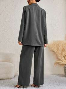 SHEIN Tall 西裝領翻蓋細節西裝外套&闊腿褲 - 灰色 - 查看 2