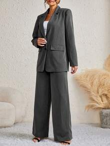SHEIN Tall 西裝領翻蓋細節西裝外套&闊腿褲 - 灰色 - 查看 3