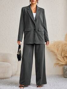 SHEIN Tall 西裝領翻蓋細節西裝外套&闊腿褲 - 灰色 - 查看 4