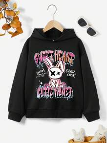 Áo nỉ tay trễ in hình thỏ và khẩu hiệu dành cho thiếu nữ - màu đen - Xem 1