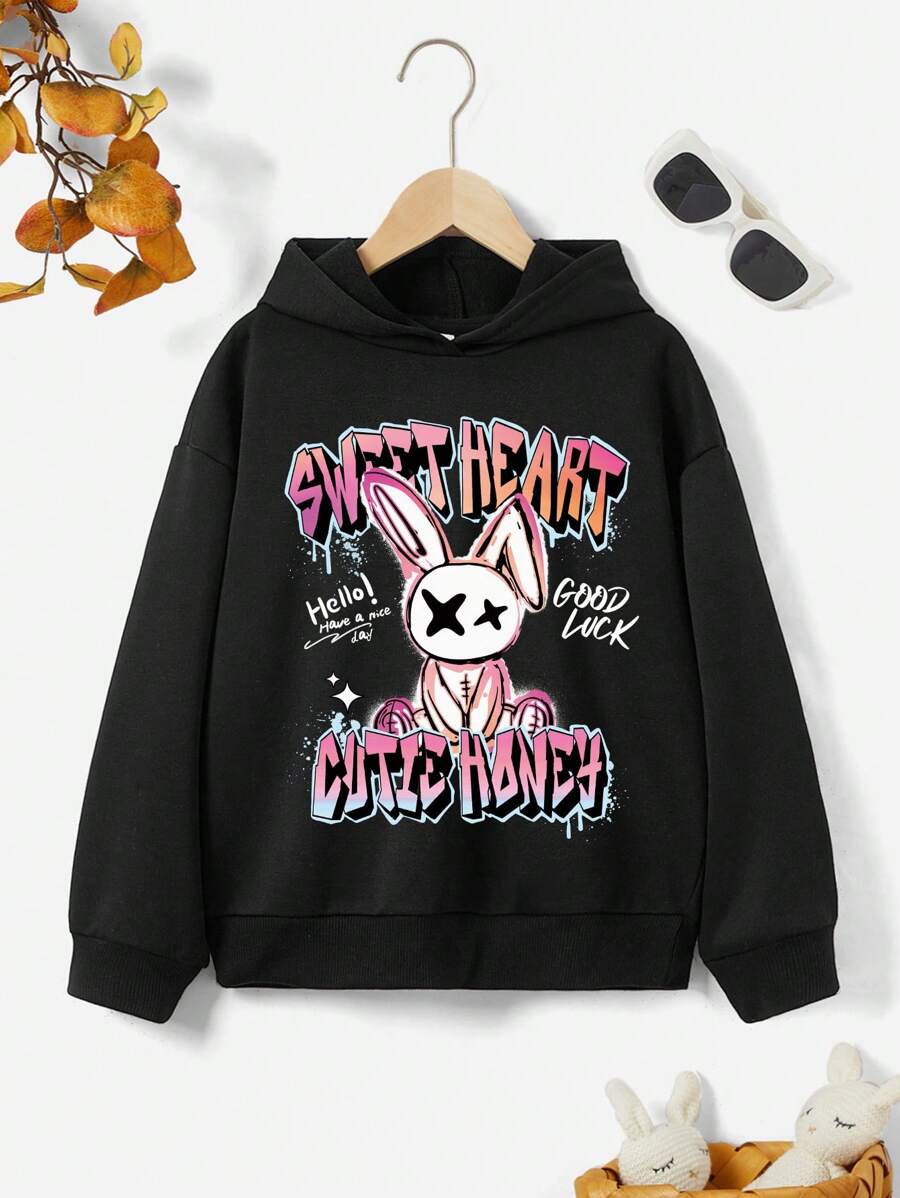 Áo nỉ tay trễ in hình thỏ và khẩu hiệu dành cho thiếu nữ - màu đen - Xem 1