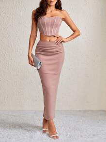 SHEIN Tall Solid Tube Top & Ruched Pencil Skirt - Dusty Pink - View 1