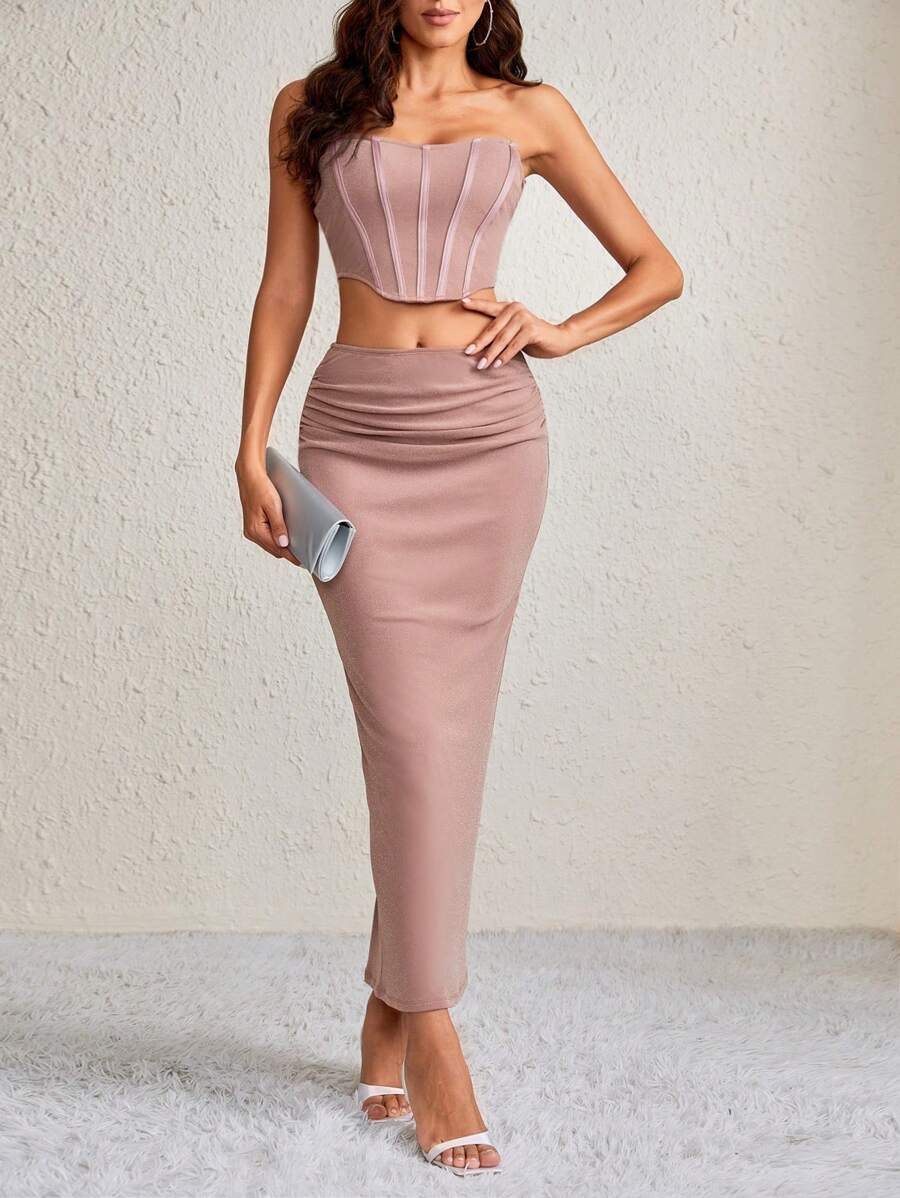 SHEIN Tall Solid Tube Top & Ruched Pencil Skirt - Dusty Pink - View 1