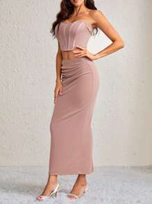 SHEIN Tall Solid Tube Top & Ruched Pencil Skirt - Dusty Pink - View 3
