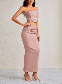 SHEIN Tall Solid Tube Top & Ruched Pencil Skirt - Dusty Pink - View 4