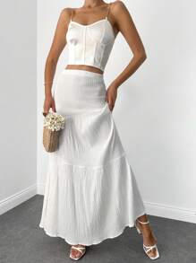 EURMUSE High Waist Ruffle Hem Solid Skirt - White - View 4