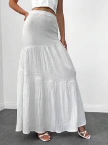 EURMUSE High Waist Ruffle Hem Solid Skirt - White - View 5