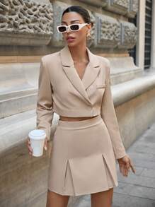EURMUSE Lapel Neck Crop Blazer & Fold Pleated Detail Skirt - Apricot - View 1