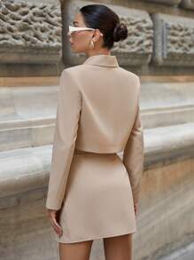 EURMUSE Lapel Neck Crop Blazer & Fold Pleated Detail Skirt - Apricot - View 2