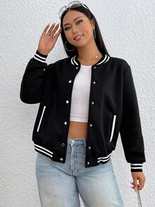 SHEIN EZwear 大碼條紋飾邊落肩袖飛行員夾克 - 黑色 - 查看 9