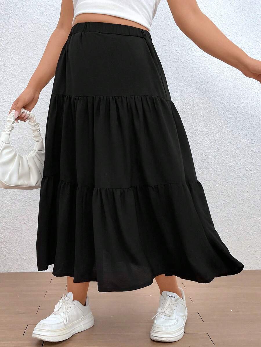 SHEIN EZwear 大碼素色荷葉邊半身裙 - 黑色 - 查看 1