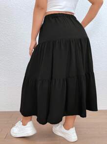 SHEIN EZwear 大碼素色荷葉邊半身裙 - 黑色 - 查看 2