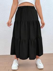 SHEIN EZwear 大碼素色荷葉邊半身裙 - 黑色 - 查看 3