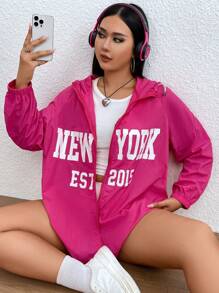 SHEIN EZwear 大碼字母圖案拉鏈開襟連帽防風夾克