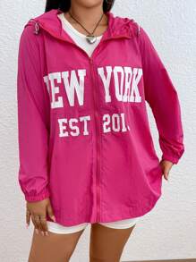 SHEIN EZwear 大碼字母圖案拉鏈開襟連帽防風夾克