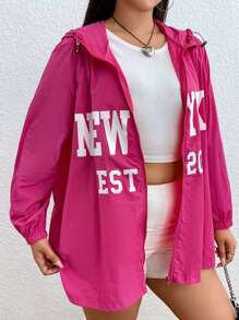SHEIN EZwear 大碼字母圖案拉鏈開襟連帽防風夾克
