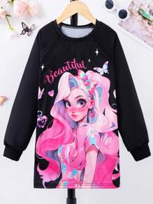 SHEIN Cô gái Tween Đồ họa Hình Tay Raglan Đầm nỉ - màu đen - Xem 1