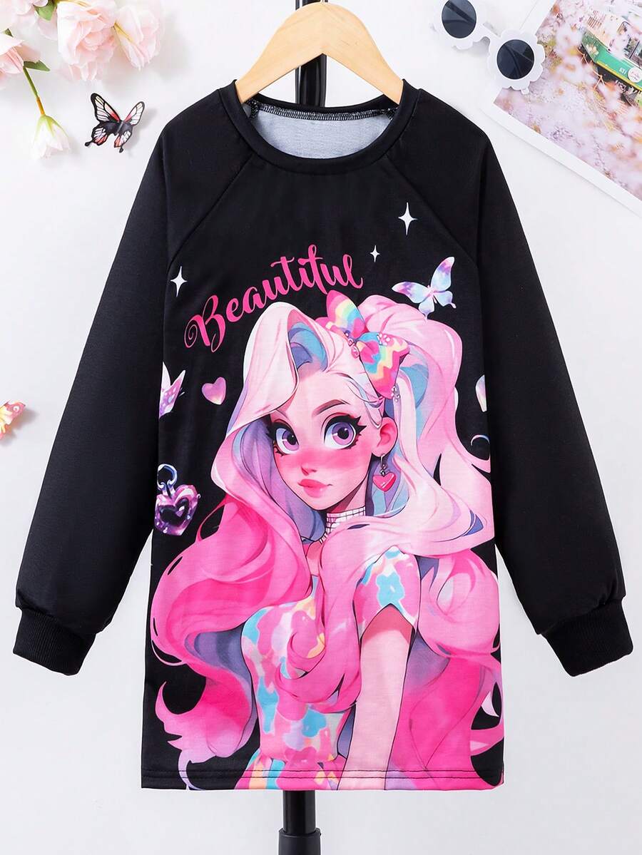 SHEIN Cô gái Tween Đồ họa Hình Tay Raglan Đầm nỉ - màu đen - Xem 1