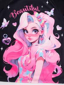 SHEIN Cô gái Tween Đồ họa Hình Tay Raglan Đầm nỉ - màu đen - Xem 4