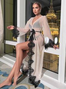 Eyelash Lace Trim Belted Mesh Sleep Robe Without Lingerie Set - Baby Pink - View 5