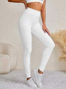 SHEIN Tall 素色寬腰帶緊身打底褲 - 白色 - 查看 1
