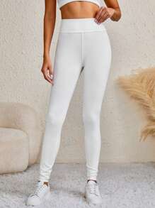 SHEIN Tall 素色寬腰帶緊身打底褲 - 白色 - 查看 4