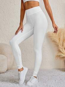 SHEIN Tall 素色寬腰帶緊身打底褲 - 白色 - 查看 5