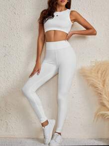 SHEIN Tall 素色寬腰帶緊身打底褲 - 白色 - 查看 6