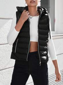 EURMUSE Zip Up Drawstring Hooded Vest Puffer Coat - Black - View 3