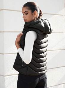 EURMUSE Zip Up Drawstring Hooded Vest Puffer Coat - Black - View 2