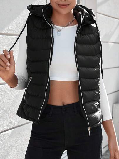 EURMUSE Zip Up Drawstring Hooded Vest Puffer Coat