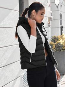 EURMUSE Zip Up Drawstring Hooded Vest Puffer Coat - Black - View 4