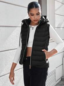 EURMUSE Zip Up Drawstring Hooded Vest Puffer Coat - Black - View 5