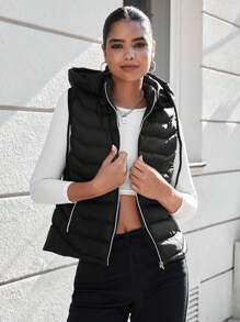 EURMUSE Zip Up Drawstring Hooded Vest Puffer Coat - Black - View 6