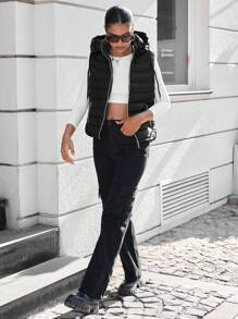 EURMUSE Zip Up Drawstring Hooded Vest Puffer Coat - Black - View 8