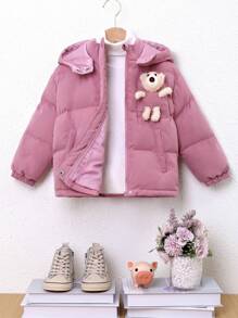 SHEIN 年轻女孩休闲可爱连帽棉服外套 - 粉色 - 查看 1