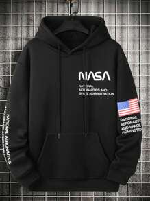 Manfinity Homme Loose Men's Slogan Graphic Pocket Drawstring Hoodie Letter Long Sleeve Hoodie, For Friends, Husband, Boyfriend Gifts, For Fall - Black - View 8