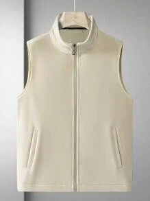 男士拉鏈開襟無袖搖粒絨夾克背心 - 卡其色 - 查看 1