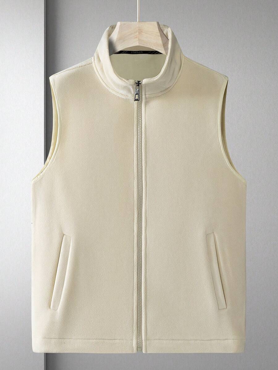 男士拉鏈開襟無袖搖粒絨夾克背心 - 卡其色 - 查看 1