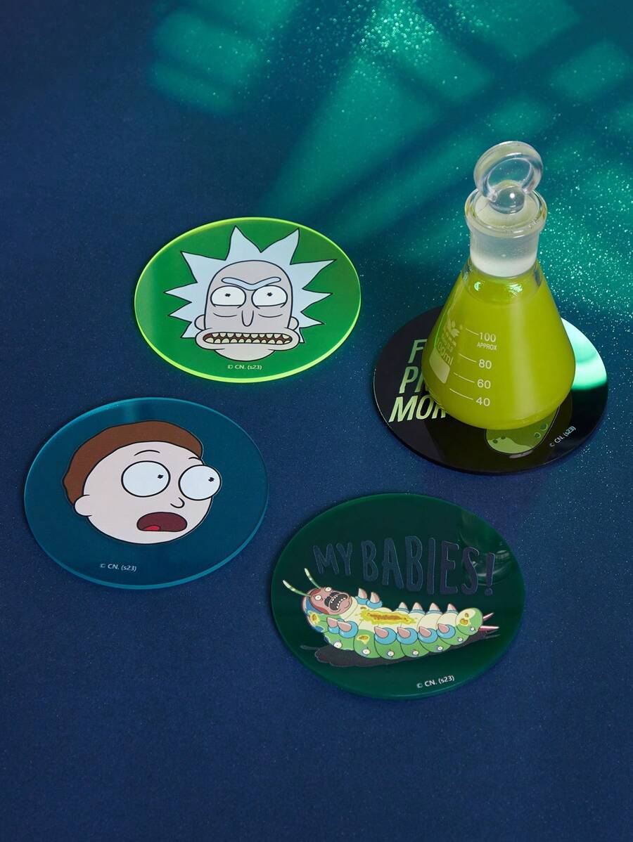 Rick and Morty X SHEIN 4入組卡通圖案杯墊套裝 - 彩色 - 查看 1
