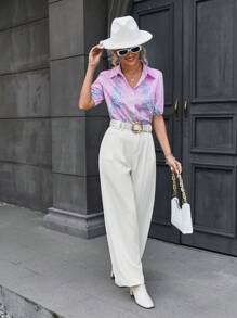 Floral Print Button Front Shirt - Pink - View 6