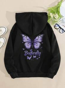 INAWLY 蝴蝶和字母圖案抽繩加絨內裏連帽衫