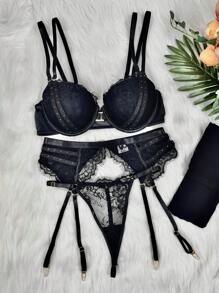Floral Lace Underwire Garter Lingerie Set - Black - View 1