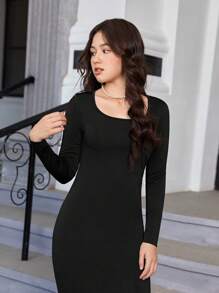 SHEIN Thiếu niên cô gái Chất rắn Nàng tiên cá Hem Đầm - màu đen - Xem 3